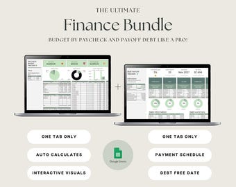 Op de afbeelding: Een afbeelding met een financieel pakket met twee laptops die budget- en schuldaflossingstrackers weergeven. De tekst luidt "THE ULTIMATE Finance Bundle" en "BUDGET BY PAYCHECK AND PAYOFF DEBT LIKE A PRO!". Kenmerken zijn automatische berekeningen en interactieve visuals.
