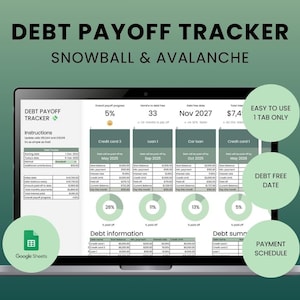 Calculadora de avalancha de deudas, calculadora de bola de nieve de deudas, hoja de cálculo para hojas de cálculo de Google / Libre de deudas / Deuda de tarjeta de crédito / Liquidación de deuda de préstamos