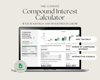 May include: A laptop displays a compound interest calculator with interactive visuals. The screen shows a spreadsheet with financial data and a graph illustrating investment growth. Text on the screen includes "Compound Interest Calculator" and "Watch Savings and Investments Grow."