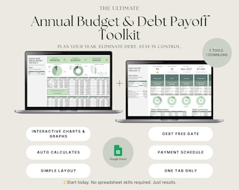 May include: Two laptops displaying financial spreadsheets, part of the "Annual Budget & Debt Payoff Toolkit." The image includes text: "Plan Your Year. Eliminate Debt. Stay in Control." Features include interactive charts, auto calculations, and a simple layout. The toolkit includes two tools and one download.