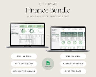 May include: Two laptops displaying financial data, with the text "THE ULTIMATE Finance Bundle" and "BUDGET AND PAYOFF DEBT LIKE A PRO!". Features include "ONE TAB ONLY", "AUTO CALCULATES", and "INTERACTIVE VISUALS". A Google Sheets icon is also present.