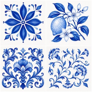 May include: A set of four square ceramic tiles featuring blue and white hand-painted designs. The patterns include a symmetrical floral star, a lemon branch with blossoms, a central acanthus leaf motif, and a sprawling vine with blue flowers.