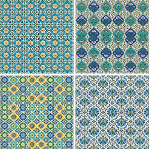 May include: A collage of four distinct square patterns featuring intricate geometric and floral motifs. The designs utilise a vibrant colour palette of deep blue, turquoise, emerald green, yellow, and white, arranged in repeating symmetrical tile-like layouts.