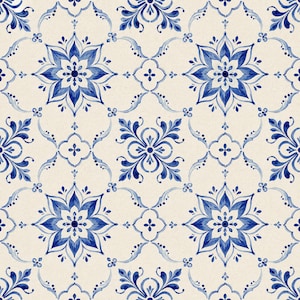 May include: A repeating pattern featuring blue floral motifs and symmetrical scrollwork on an off-white background. The design consists of large, multi-petaled blue blossoms alternating with smaller, four-pointed floral shapes and curved lines.