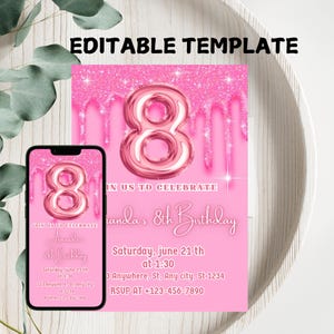 Editable Hot Pink Birthday Invitation, Birthday Party Invite, Editable Template, Instant Download Evite