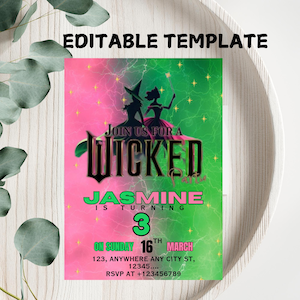 Wicked Birthday Party Invitation, Wicked party invitation, WICKED inspired Movie ticket, Elphaba & Glinda Theme, Movie party, Canva Editable
