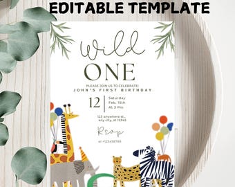 Wild One Birthday Invitation: Editable Safari Animals Template (Digital Download)