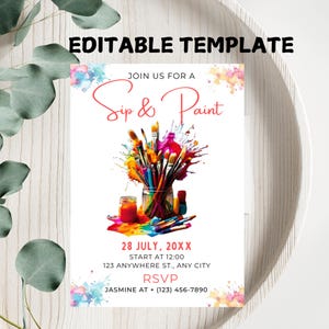 Sip and Paint Party Invitation,Editable Paint & Sip Party Invite,Wine and Paint Birthday Invite,Digital Sip and Paint Invite,InstantDownload