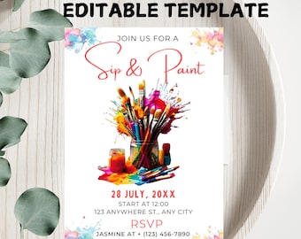 Sip and Paint Partyeinladung: Bearbeitbare Vorlage (Digitaler Download)