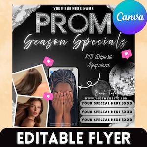 Prom Booking Flyer, Prom Special Flyer, Homecoming Flyer, Canva Template, Book Now Appointments, Beauty, Lashes, Make up, Nails, braids