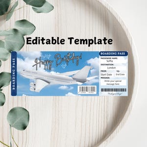 Printable Plane Ticket EDITABLE Boarding Ticket Template, Surprise Boarding Pass, Plane Ticket Vacation, Airline, Trip, Flight Gift