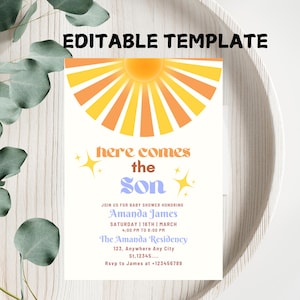Editable Sunshine Baby Shower Invitation, Here Comes the Son Baby Shower Invite, Boy Sonshine Baby Shower, Boho Sunshine Shower
