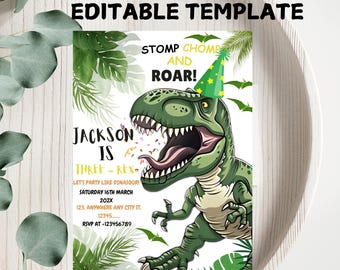Dinosaur 3rd Birthday Invitation Template: T-Rex Party (Digital Download)