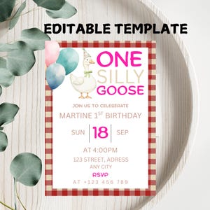 Editable One Silly Goose Birthday Invitation Template, Goose 1st Birthday, Goose Invitation, Boy 1st Birthday Green Invite