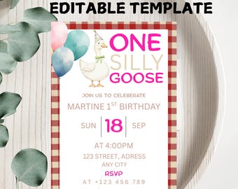 One Silly Goose 1st Birthday Invitation Template (5x7 Inch, Digital Download, Editable in Canva)