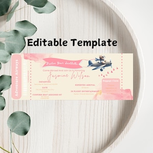 Flugzeugticket-Babypartyeinladung Mädchen druckbare Babyparty-Bordkarte rosa bearbeitbare Flugzeugticket-Einladungsreise