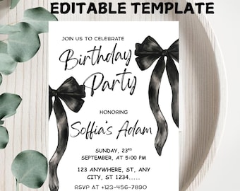 Black Bow Birthday Invitation Template: Coquette Party Invite (Digital Download, 5x7 Inch)