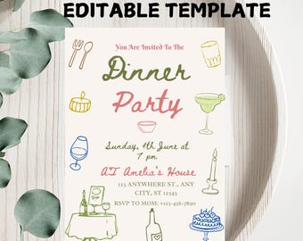 Hand Drawn Dinner Party Invitation: Retro Whimsical Design (Digital Download)