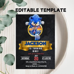 Sonic Birthday Invitation, Editable and Printable, Awesome Sonic Party Invite, Premium Invitations Editable in Canva, Boys & Girls Invite