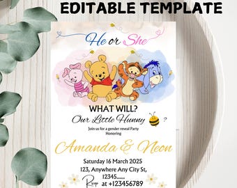 Convites para chá de bebê do Ursinho Pooh: neutros em termos de gênero, editáveis (PDF)