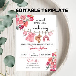 Girl Baby Clothes Baby shower Invitation A sweet baby Girl is on her way Laundry Pink Floral Boho baby Editable Printable Download