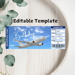 Birthday Airplane Ticket Printable, Surprise Trip Ticket, Boarding Pass, Birthday Gift, Surprise Vacation, Editable Airplane Ticket