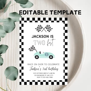 Editable TWO Fast Birthday Invitation Race Car 2nd Birthday Invite Racing Car Vintage Racecar Printable Template Instant Download