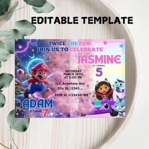 Sibling Birthday Invitation, Double Birthday Invitation, Dual Combined Twins Invitation, Boy and Girl Double Invite, Custom Theme invite