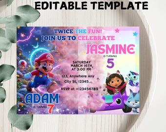 Invitación de cumpleaños para hermanos: Tema personalizado, niño y niña (Descarga digital)