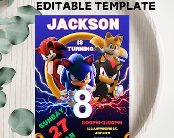Invitación de cumpleaños de Sonic, invitación para fiesta infantil, plantilla editable (descarga digital)