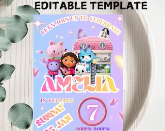 Editable Gabbys Dollhouse Birthday Invitation Template (Digital)