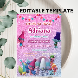 Editable Trolls Invitation, Trolls Birthday Invite, Trolls Craziest Party Birthday Invitation, Digital Trolls Party Editable Template Trolls