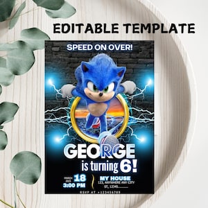 Faire-part d'anniversaire Sonic modifiable, invitation à une fête de garçons Super hérisson, invitation à une fête Super Sonic, Sonic modifiable, modifiable sur Canva Invite