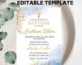 Plantilla de invitación de bautismo azul: Bautizo de niño (descarga digital)