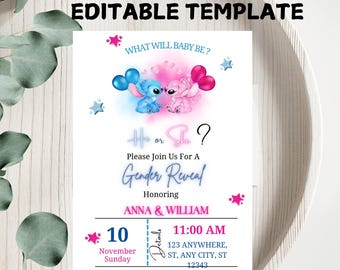 Stitch Gender Reveal Invitation: Pink & Blue Baby Shower (Digital Download)