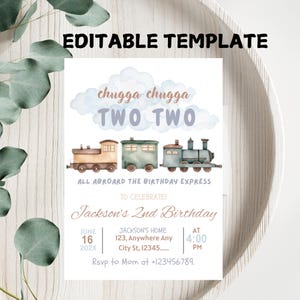 Train Birthday Invitation, Chugga Chugga, Choo Choo Invitation, Train Invitation for Any Age, Watercolor Train Birthday Invitation, Editable