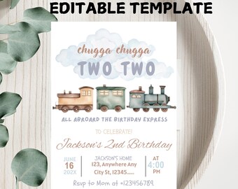 Watercolor Train Birthday Invitation: Editable Choo Choo Party (Digital Download)