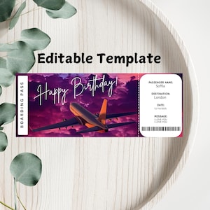 Birthday Airplane Ticket Printable, Surprise Trip Ticket, Boarding Pass, Birthday Gift, Surprise Vacation, Editable Airplane Ticket