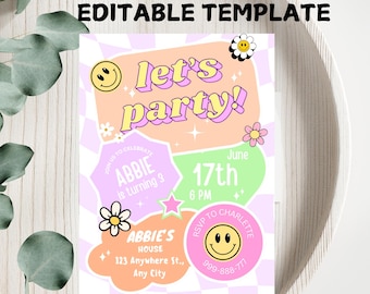 Faire-part d'anniversaire écusson preppy : smiley universitaire rétro (téléchargement numérique)