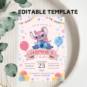 Stitch Editable Birthday Invitation Template, Printable Birthday Party Invitations, Digital Kids Party Invite, Digital Bday Card Invite