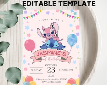 Stitch Birthday Invitation Template: Editable Kids Party Invite (Digital Download)
