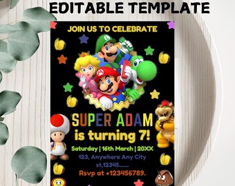 Invitación de cumpleaños de Super Mario: Plantilla personalizable (5 x 7 pulgadas)
