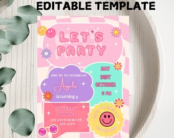 Faire-part d'anniversaire patch preppy : smiley rétro (téléchargement numérique modifiable)