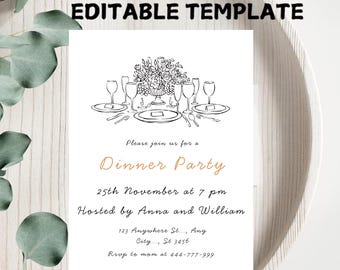 Hand Drawn Dinner Party Invitation Template (Digital Download)