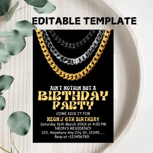 Hip Hop Party Invitation, 90&#39;s Birthday Invitation, Gold Chain Invitation, 90&#39;s Party, Hip Hop Party, Instant Download Digital Template