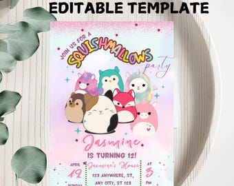 Editable Squishmallow Birthday Invitation: Printable Canva Template (Digital)