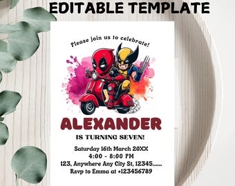 Deadpool & Wolverine Birthday Invitation: Superhero Party (Editable Canva Template)