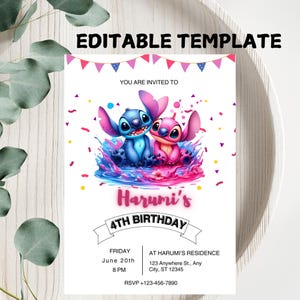 Modelo editável de convite de aniversário Stitch, convite de aniversário editável Canva, convite para festa de aniversário Stitch, modelo de convite Canva
