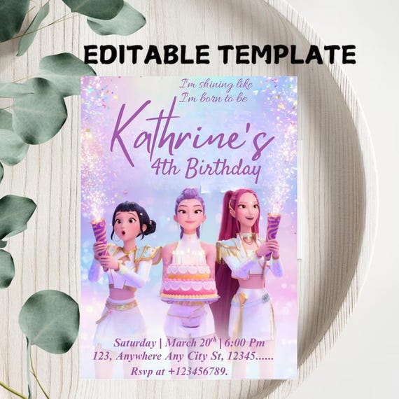 Kpop Birthday Invitation: Neon Anime, Editable Canva Template (Digital Download)