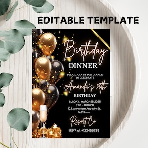 Digital Birthday Dinner Invitation Template, Black Tie Glam Invite, Animated Black Golden Diamond Evite For Men & Women, Self Editable eCard